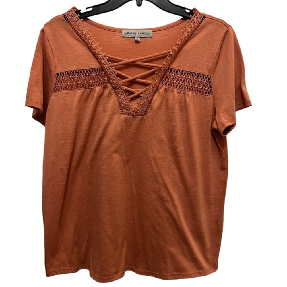 Absolutely Famous Crochet Accent Short Sleeve TopSize L